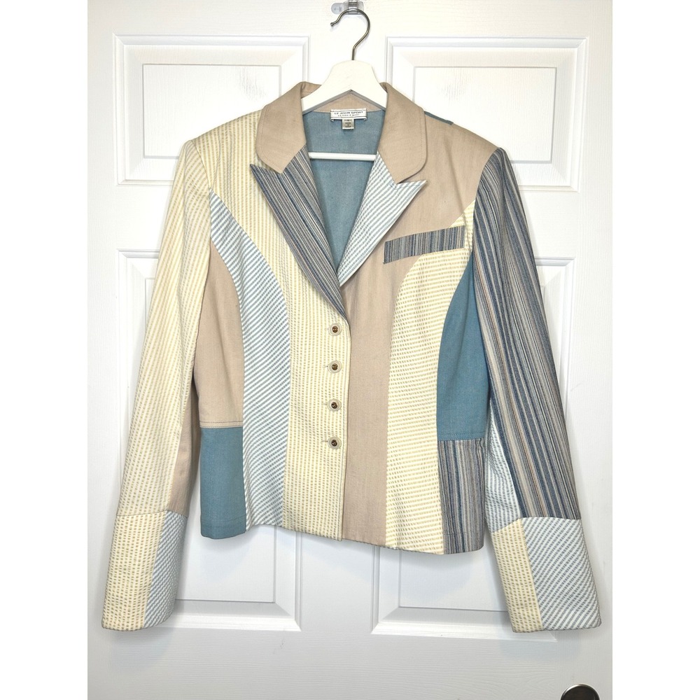St. John Sport Marie Gray Blue Beige Patchwork Seersucker Striped Blazer Large